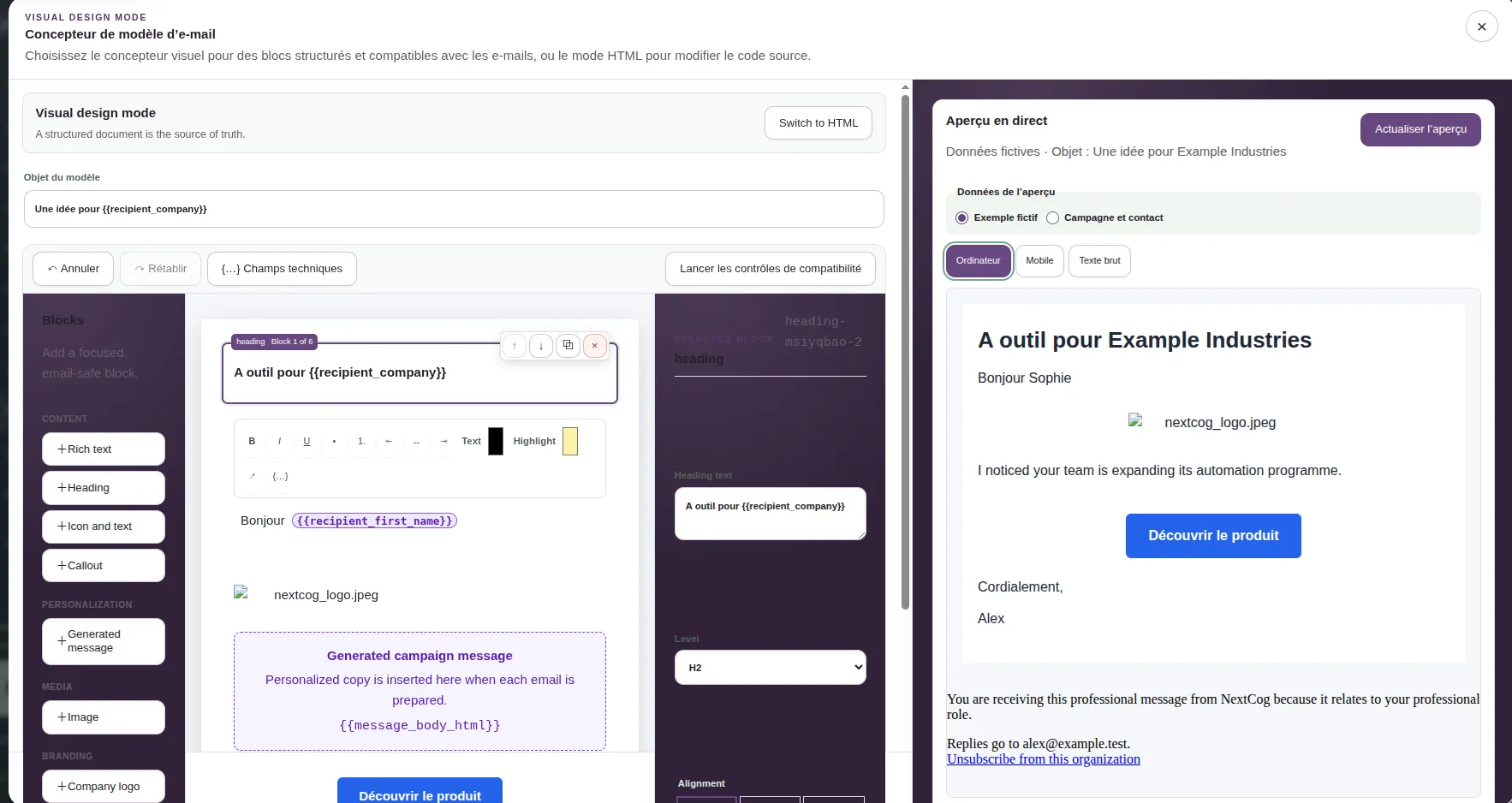 Presage rich email editor showing a visual email template and desktop preview controls