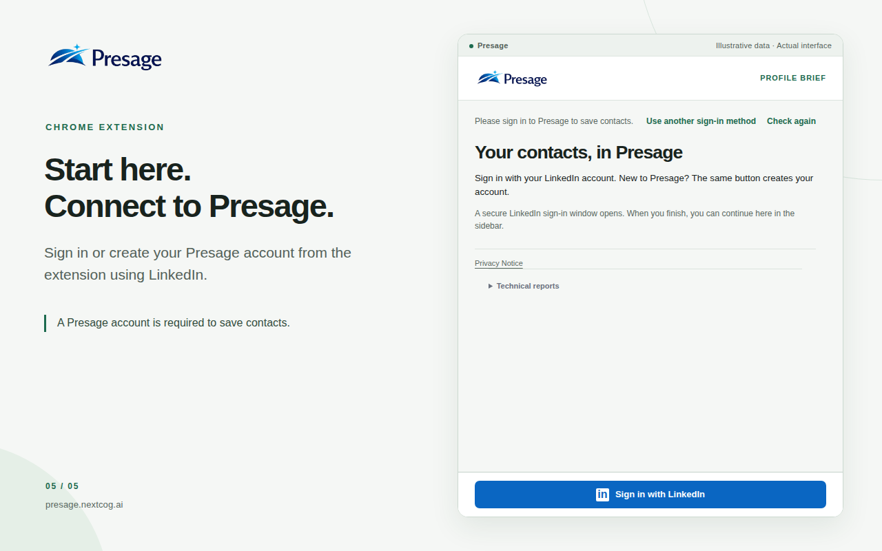 Presage Chrome extension sign-in screen with the option to sign in with LinkedIn