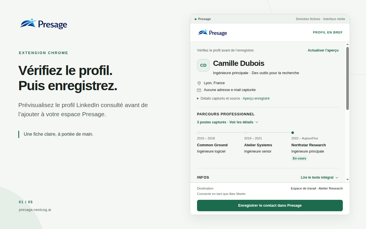 Extension Chrome Presage affichant l’aperçu d’un profil LinkedIn dans son panneau latéral
