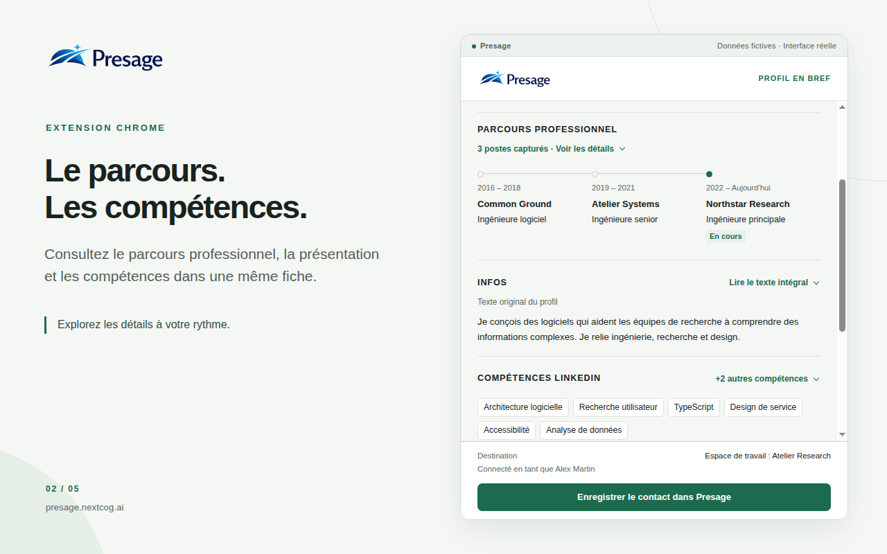Extension Chrome Presage présentant le parcours professionnel et les compétences du profil