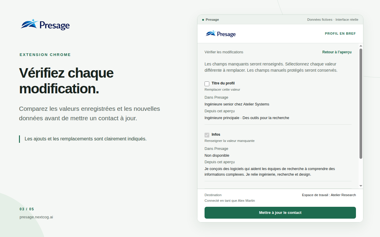 Extension Chrome Presage comparant les informations existantes du contact aux valeurs reçues pour vérification