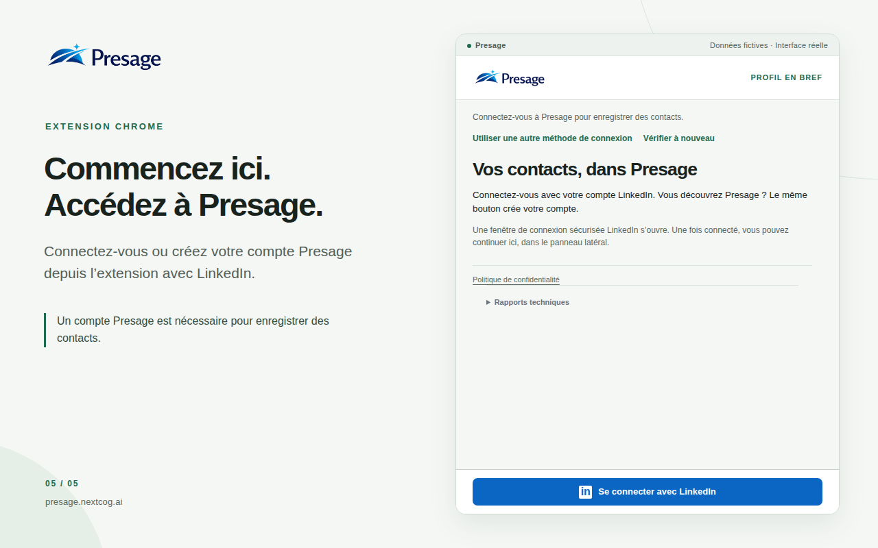 Écran de connexion de l’extension Chrome Presage proposant de se connecter avec LinkedIn