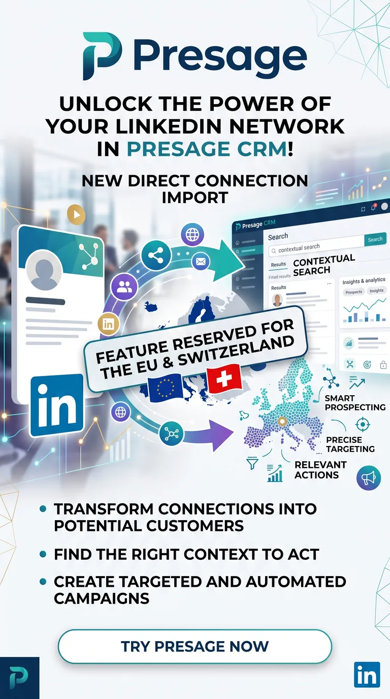 Presage illustration announcing direct LinkedIn connection import for eligible users in the European Union and Switzerland